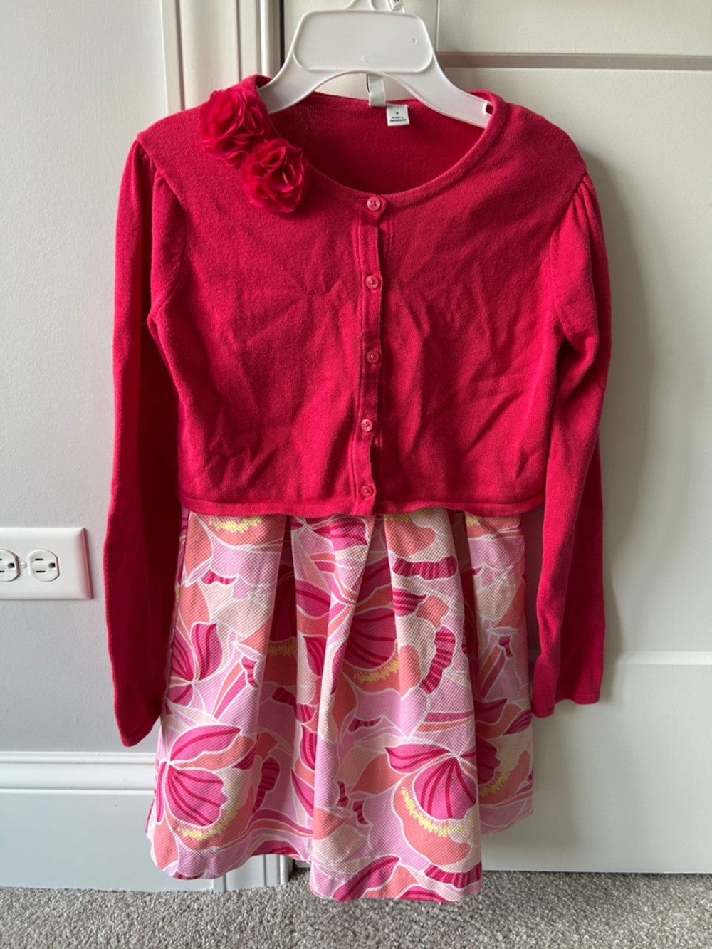 LIKE NEW Janie and Jack Pink Floral Ruffle Neck Dress with Pink Bolero Sweater
